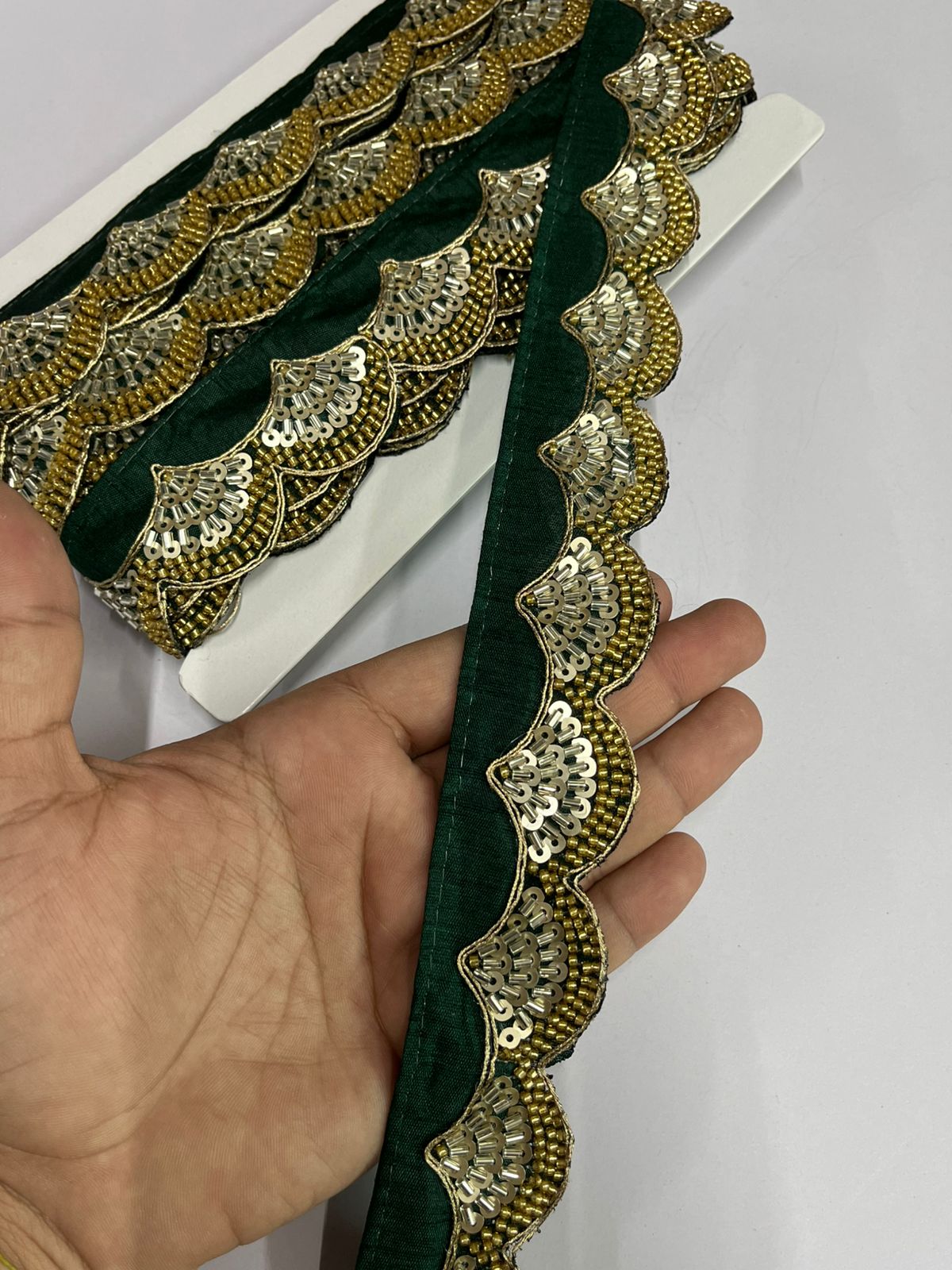 Maggam Work Embroidered Lace - 9 Meter Roll | Elegant 1.5 Inch Wide Decorative Border | Bottle Green