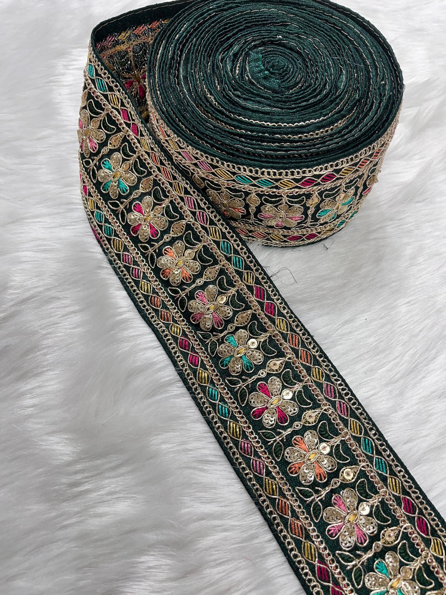 2.5 Inches Decorative Sequin Thread Embroidered Indian Mustard Sari Silk Dupatta Border Ribbon (9 Meter) | Bottle Green