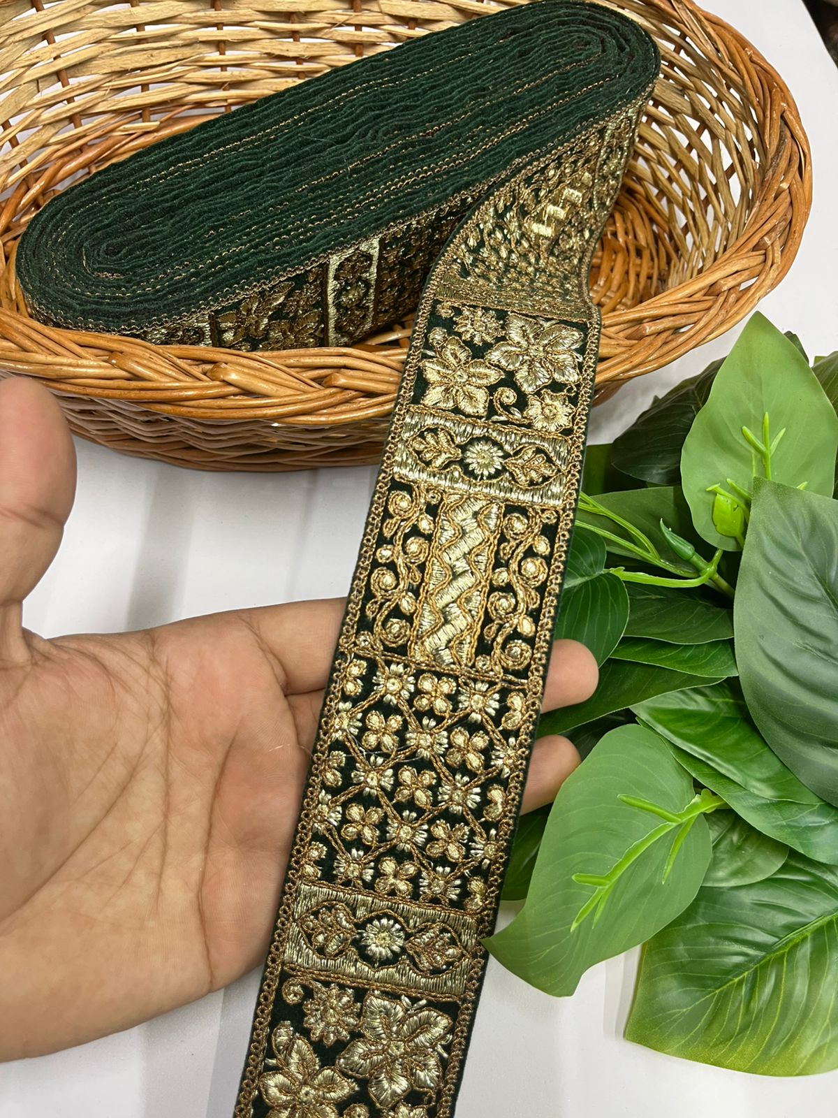 Deeps Creation Gold Zari Embroidered Velvet Fancy Dress Lace | Velvet Lace Design (9 Mtr) | Bottle Green