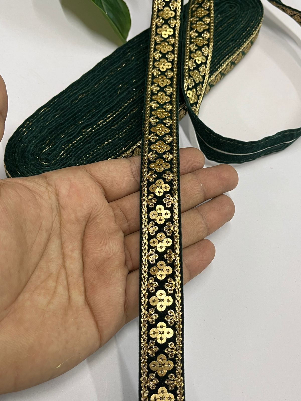 Zari Sequins Embellished Velvet Embroidered Saree Lace | Sari Velvet Fabric Lace Border (9 Mtr) | Bottle Green