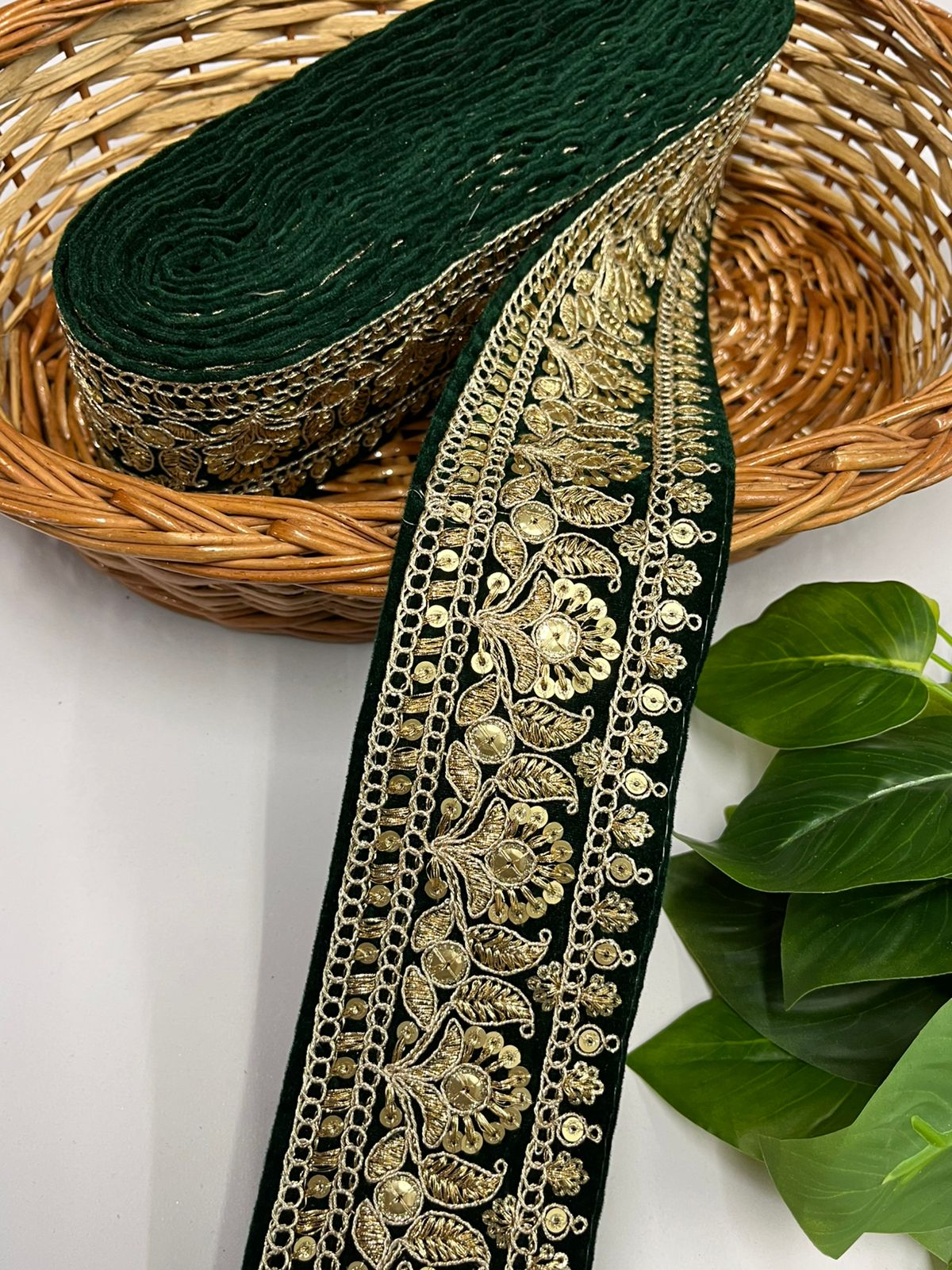 Gold Zari Embroidered Velvet Fancy Dress Lace | Velvet Lace Design (9 Mtr) | Bottle Green