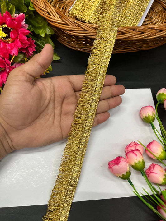 Fringe Lace | Zalar Lace | Dulhan Dupatta Zalar Lace – Traditional Latkan Border Trim for Bridal & Festive Wear (9 Meter, 1.25 Inch Width) | Bright Gold