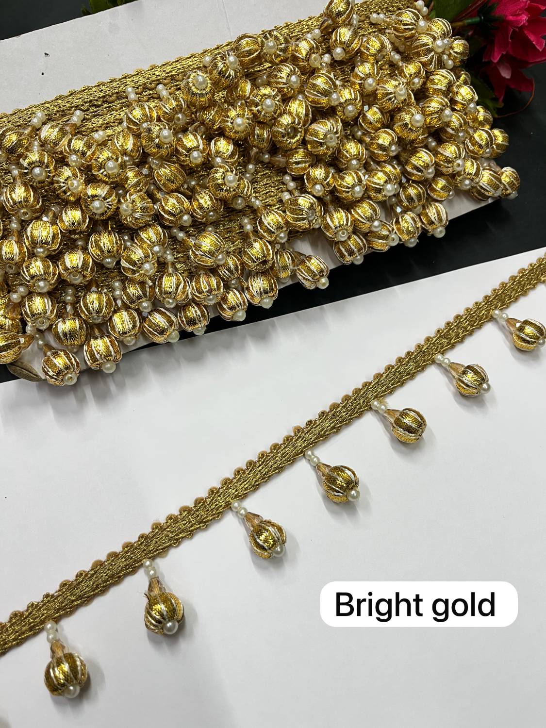 Gota Ball Hanging Lace | Gota Latkan Lace – Decorative Lace for Sarees, Dupattas, and Dresses (9 mtr, 1.5 inch) | Bright Gold