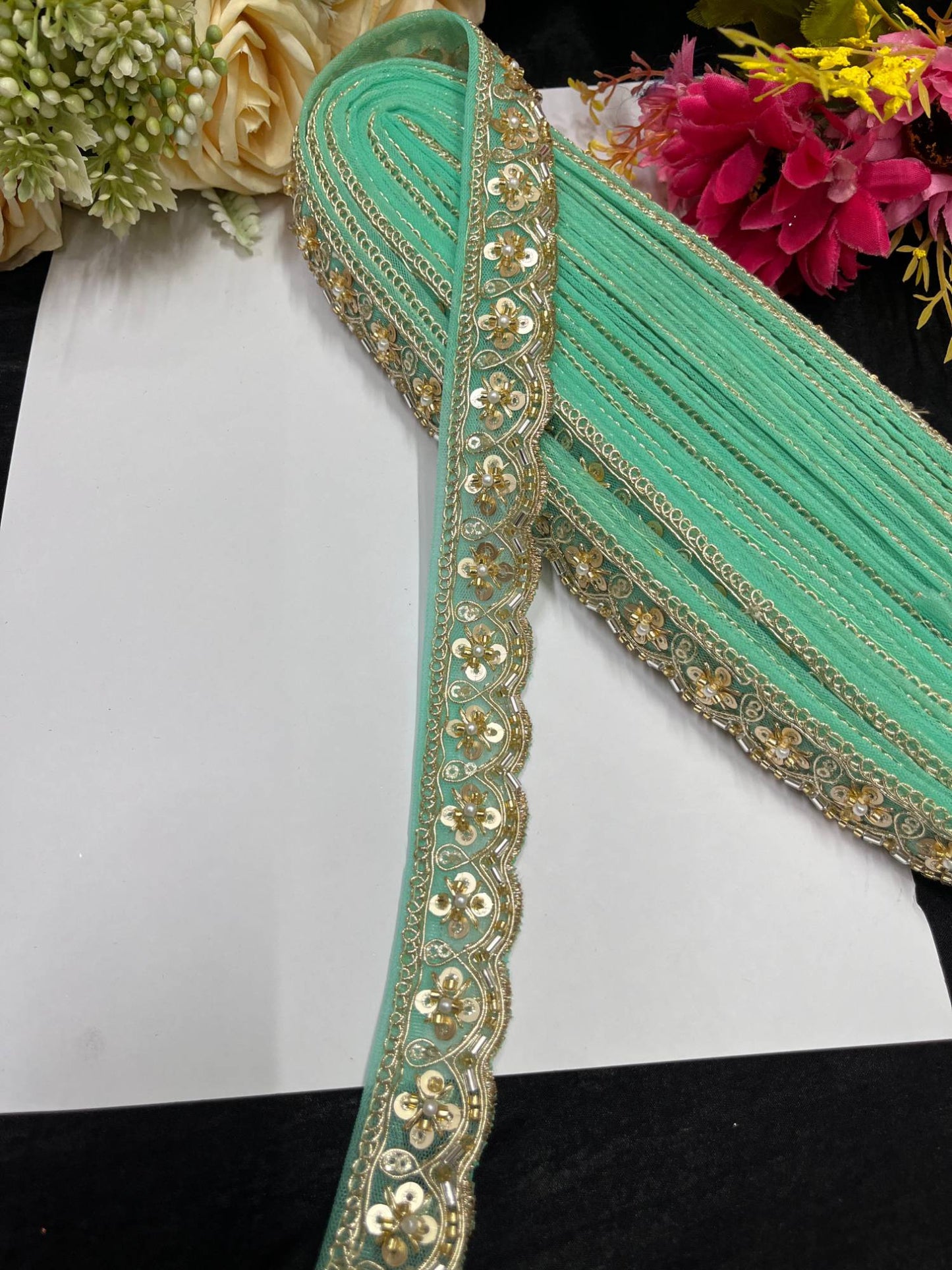 Handcrafted Katdana Saree Laces – 9 Meters, 1-Inch Maggam Work Embellished Border for Sarees, Lehengas & Dupattas | C Green