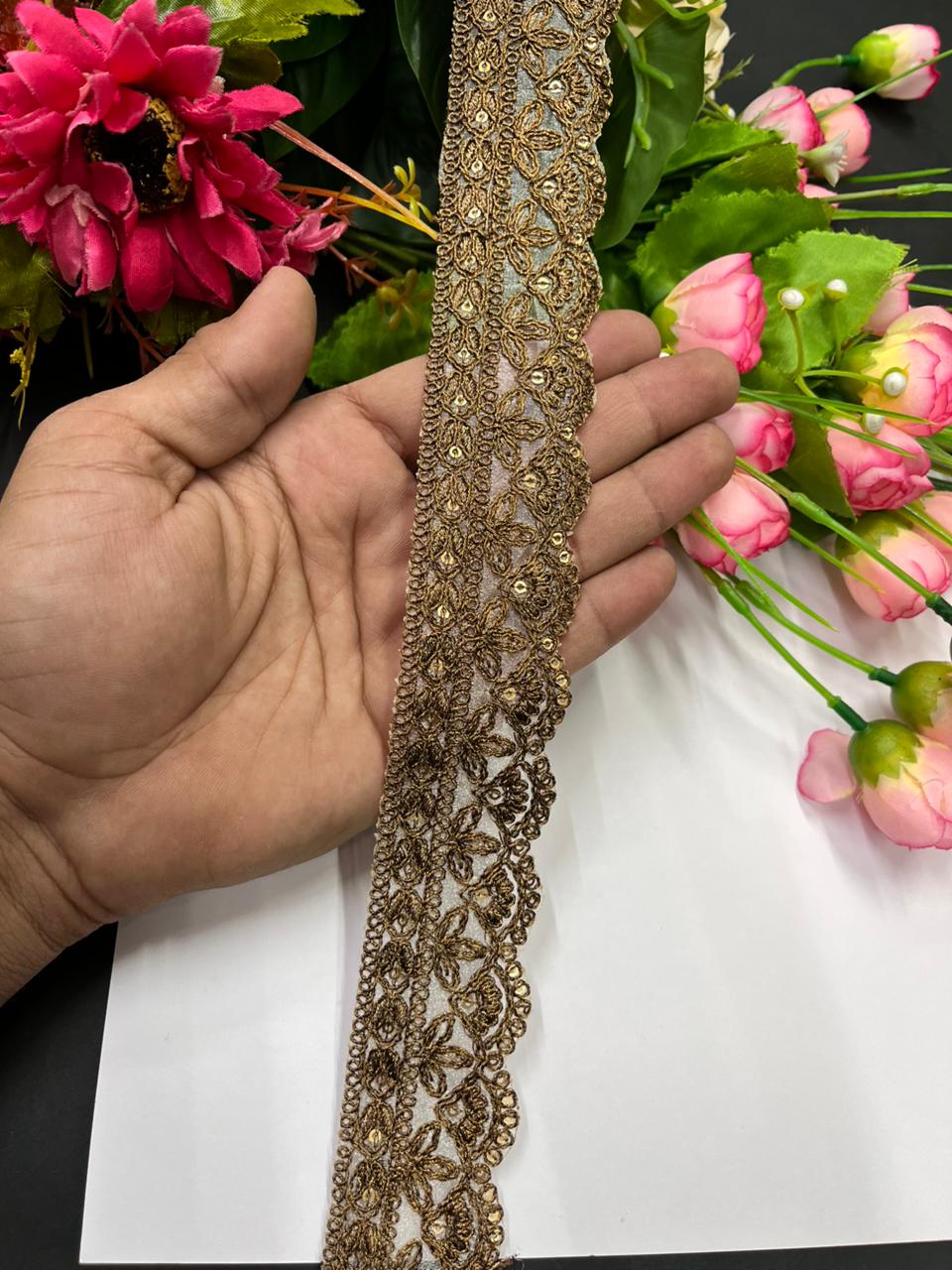 Gold Embroidered Zari Lace Trims – Premium 1.5 Inch Designer Border for Sarees, Dupattas, Lehengas & Festive Wear (9 Meter) | Copper