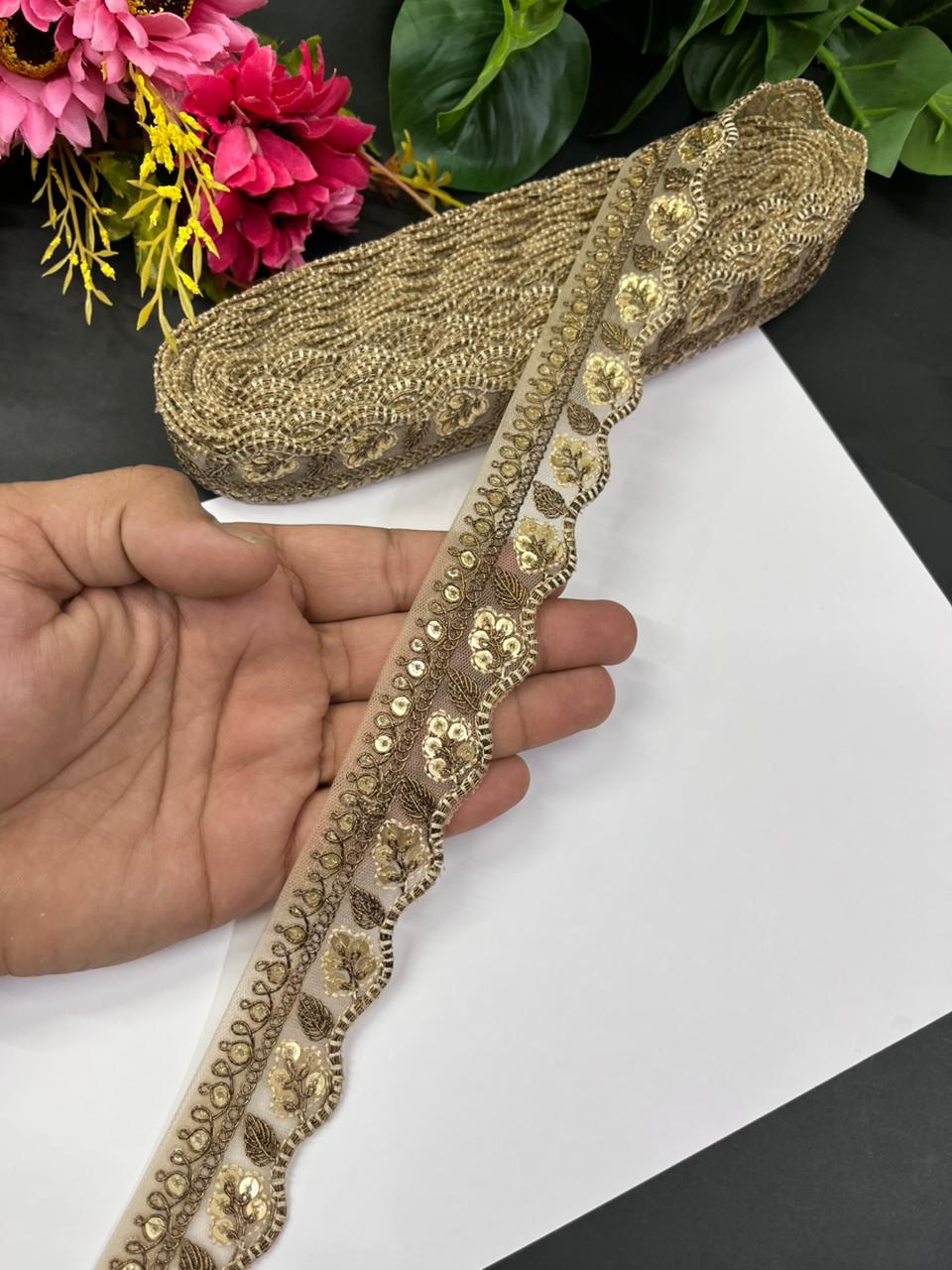 Zari Embroidery Scalloped Lace – Elegant 1 Inch Gold Embroidered Border for Sarees, Dupattas, Lehengas & Suits (9 Meter) | Copper