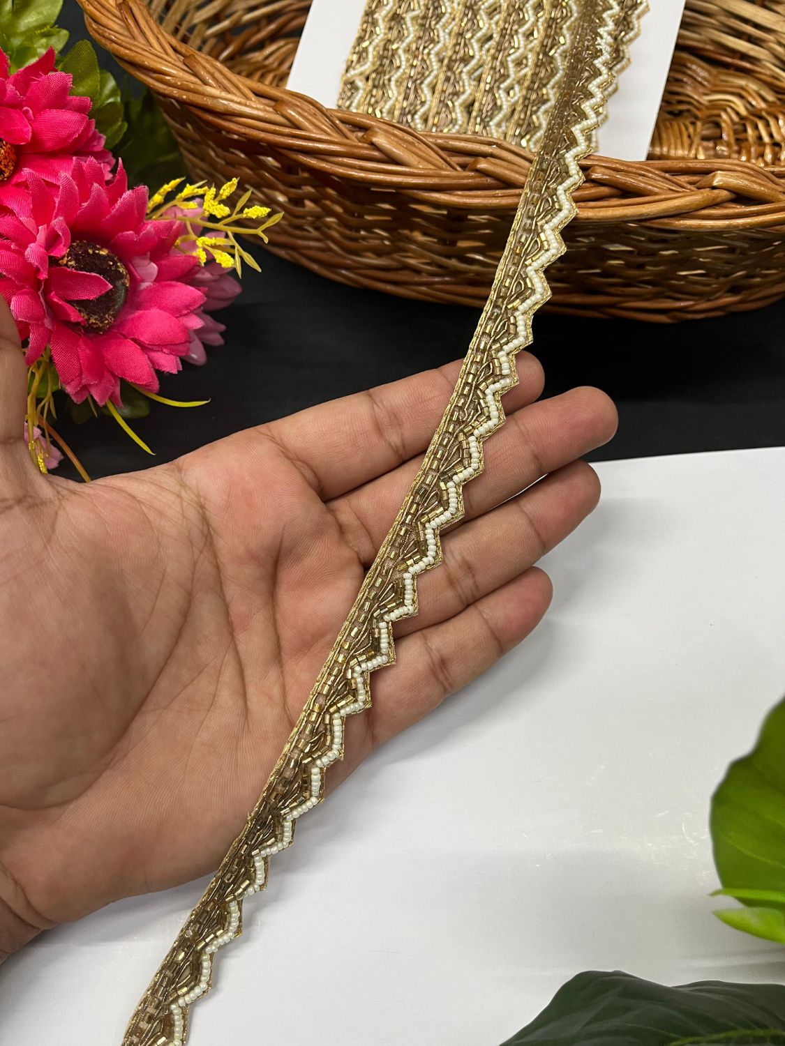 Cutdana Pipe Work with Pearl & Zardosi Work Handcrafted Lace Handmade Decorative Lace for Sarees, Dupattas, and Dresses (9 mtr, 0.5 inch) | Copper Cutdana Pipe Work with Pearl & Zardosi Work Handcrafted Lace Handmade Decorative Lace for Sarees, Dupattas, and Dresses (9 mtr, 0.5 inch) | Copper