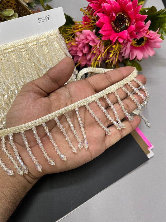 Handmade Crystal Hanging Lace Trim – Designer Crystal Tassel Latkan Lace Border for Sarees, Dupattas & Lehengas (9 Meter, 2 Inch Width) | Cream