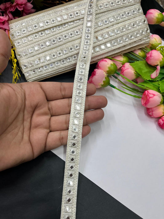 Beautiful Cotton Mirror Lace – 9 Meter Decorative Trim for Ethnic Outfits | Cream