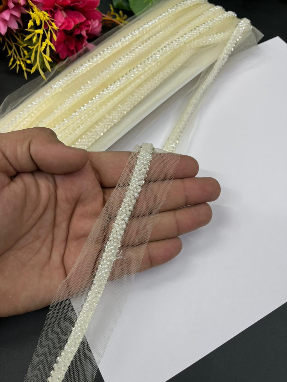 Imported Beaded Lace Trims – Premium Half-Inch Designer Lace for Sarees, Dupattas, Lehengas & Couture Wear (9 Meter) | Cream