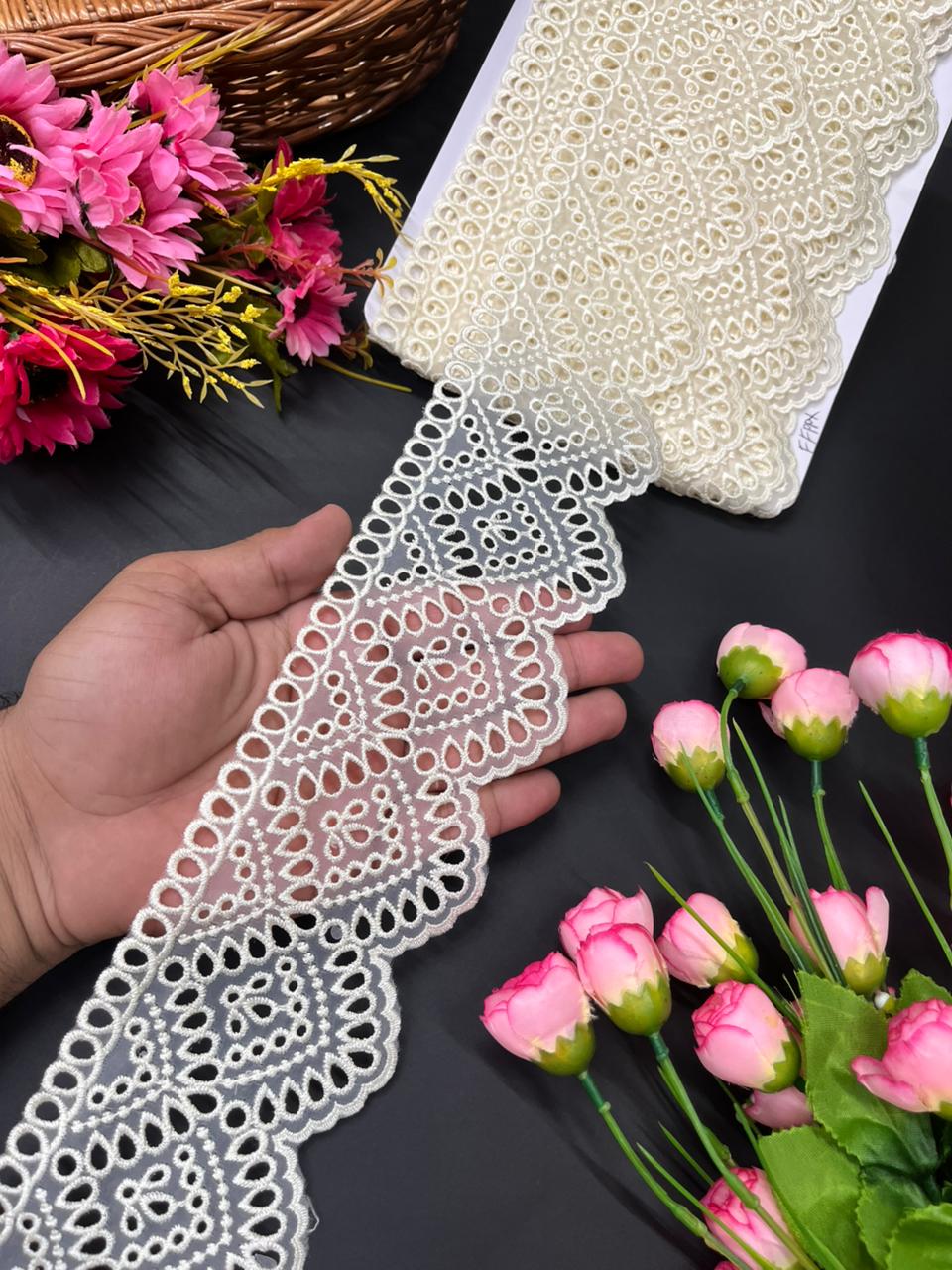 Cutwork Organza Imported Lace Trims – Premium Designer Border for Sarees, Lehengas & Dupattas (9 Meter, 3 Inch Width) | Cream