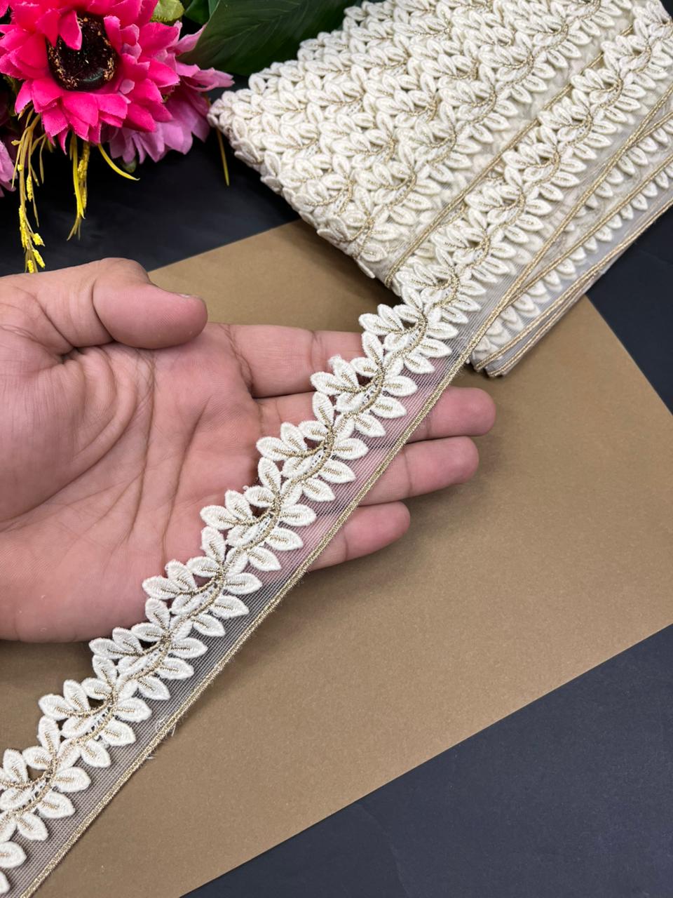 Imported Leaf Design Cotton Lace – Premium 1.5 Inch Decorative Border for Sarees, Dupattas, Suits & Dresses (9 Meter) | Cream