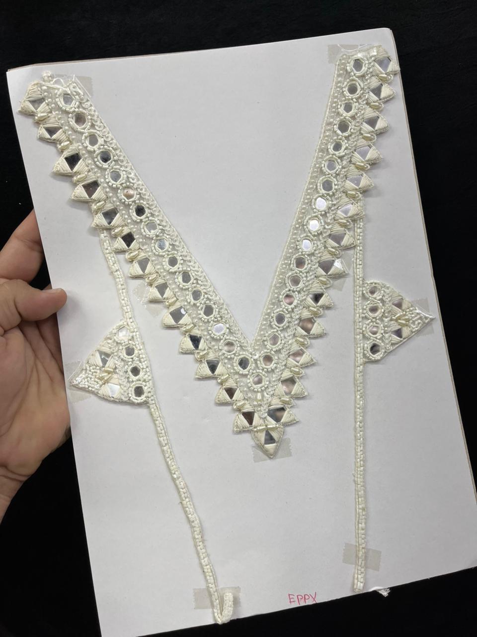 Mirror Work Neck Patch for Kurti, Suits & Bridal Dresses – Premium Designer Ethnic Neck Patch for Festive Wear | Cream