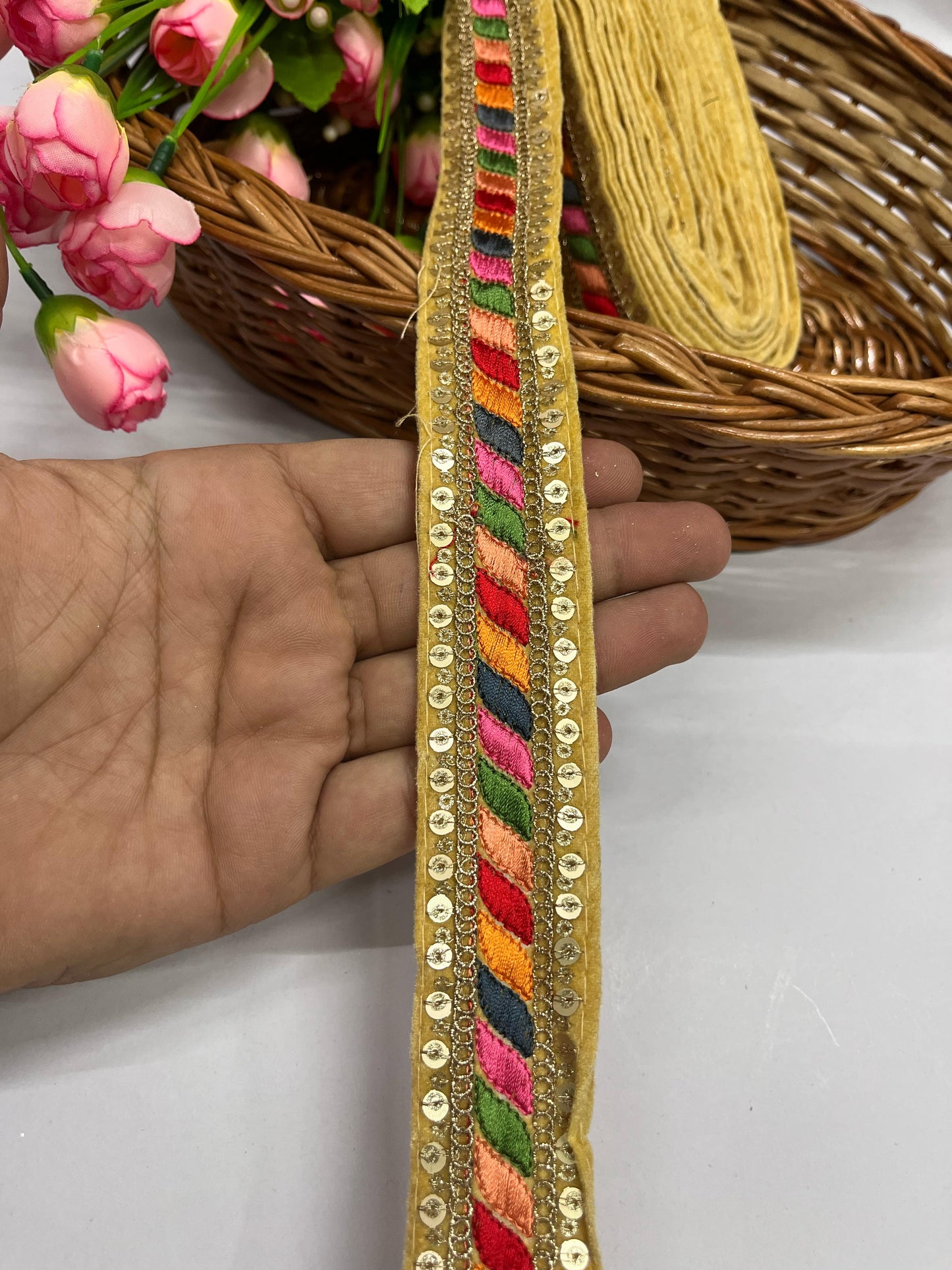 Sewing Embroidery Velvet Lace Border | Decorative Craft Ribbon | Embellished Trim – 9 Meters, 1.5-Inch Width | Cream