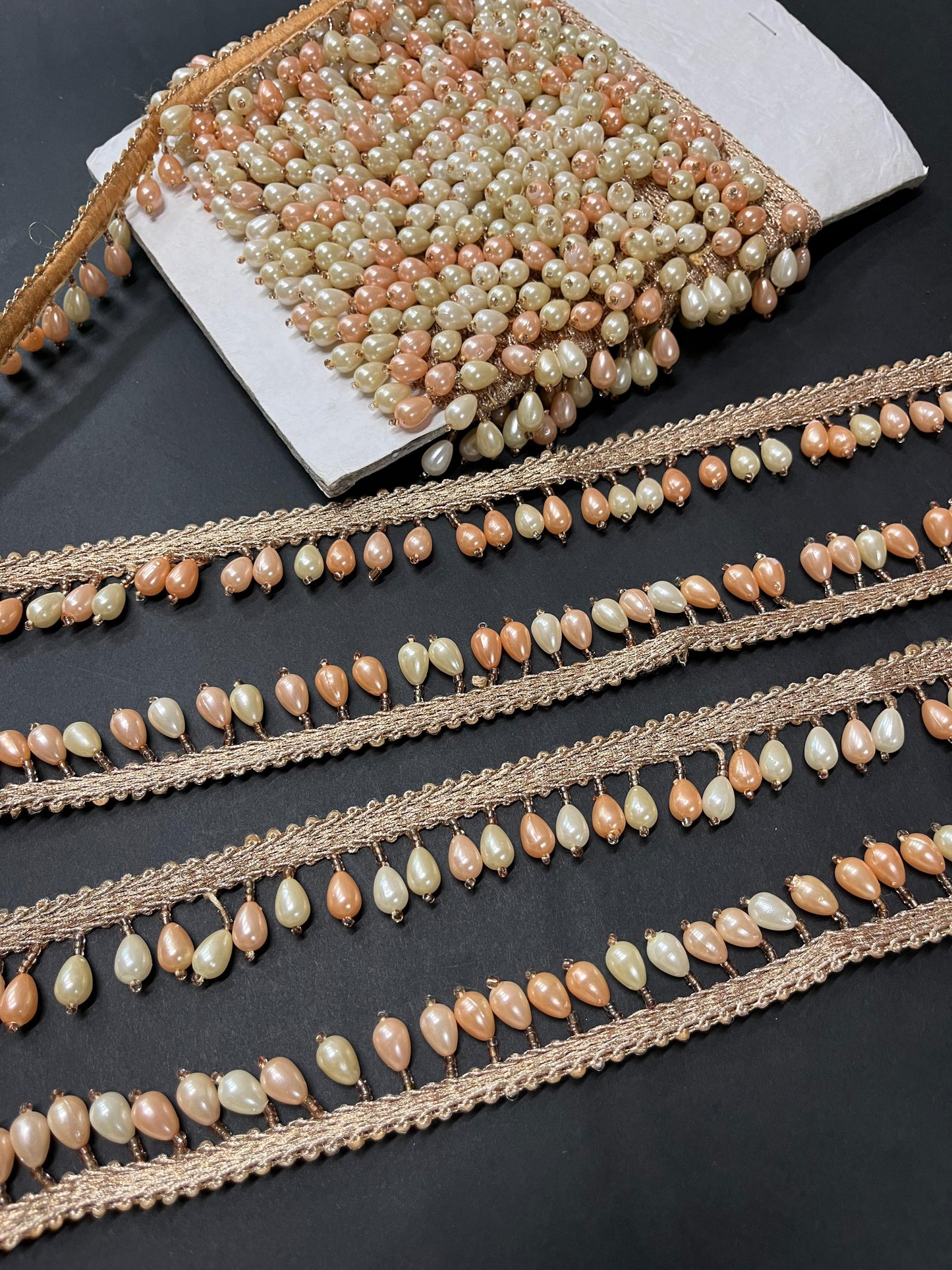 Elegant Bead and Pearl Hanging Lace Border – Perfect Latkan Lace for Sarees, Lehengas, and Dresses – 9 Meter | Cream & Rose Gold
