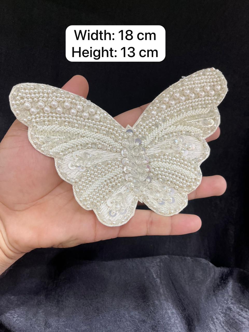 Handcrafted Crystal Butterfly Decorative Patch – Premium Designer Embellished Applique for Dresses & Ethnic Wear | Cream