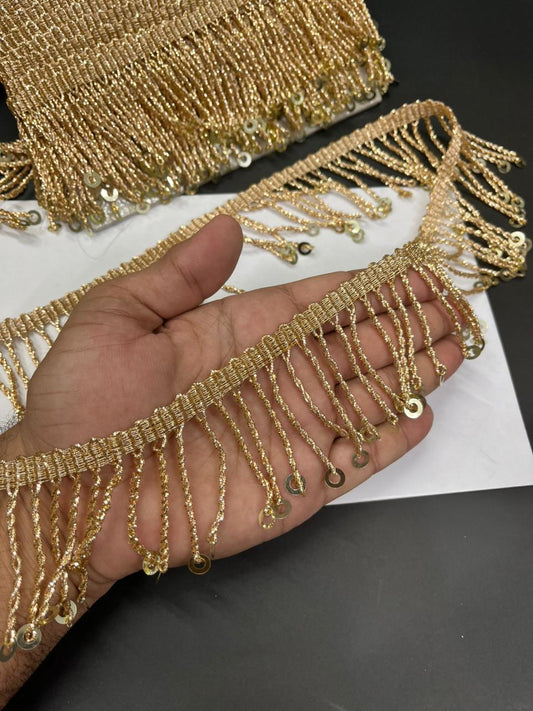 Zardosi Sequin Hanging Dulhan Lace – 9 Meters, 2-Inch Wide Gold Latkan Trim for Bridal Sarees & Lehengas