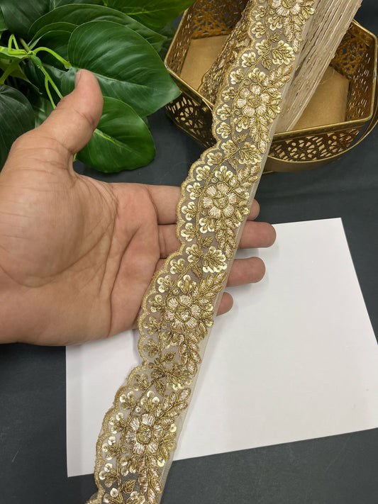 Scalloped Sequin Golden Embroidery Lace Trim – 9 Meters, 1.75-Inch Elegant Gold Border for Sarees, Lehengas & Dupattas