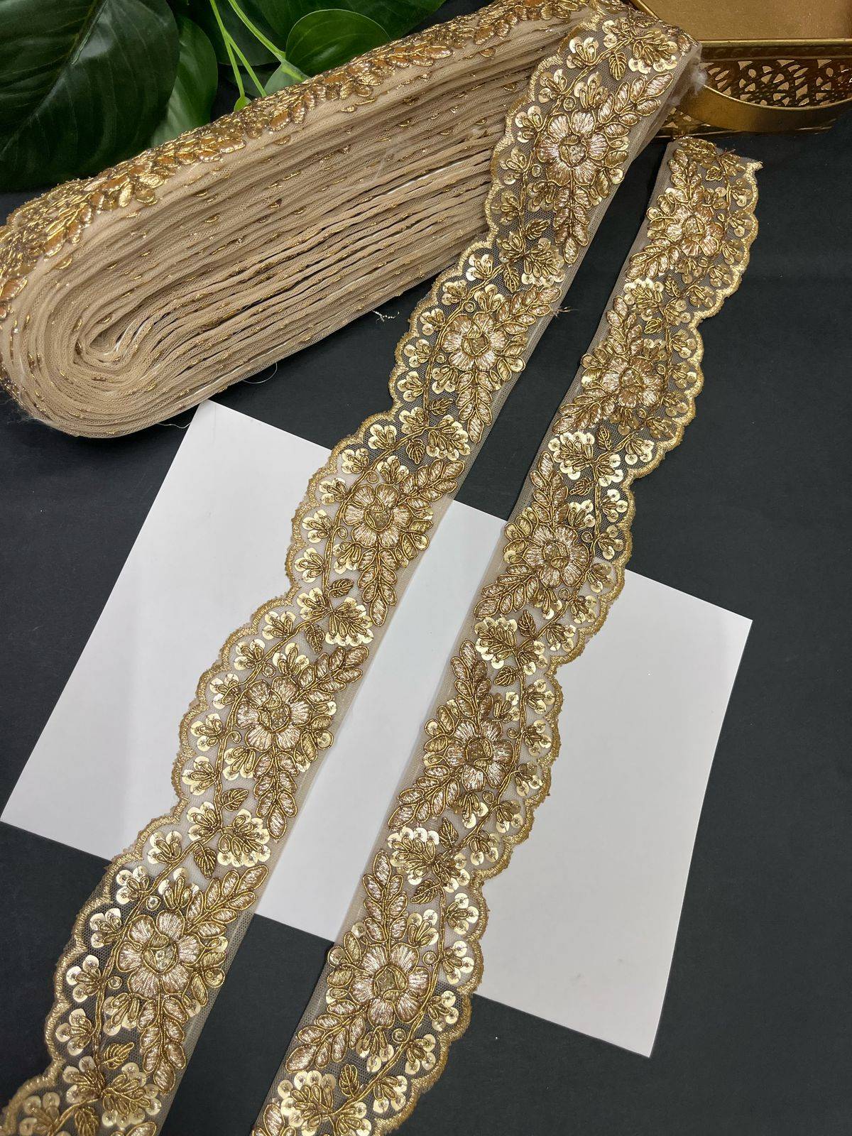 Scalloped Sequin Golden Embroidery Lace Trim 9 Meters, 1.75-Inch Elegant Gold Border for Sarees, Lehengas & Dupattas Scalloped Sequin Golden Embroidery Lace Trim 9 Meters, 1.75-Inch Elegant Gold Border for Sarees, Lehengas & Dupattas