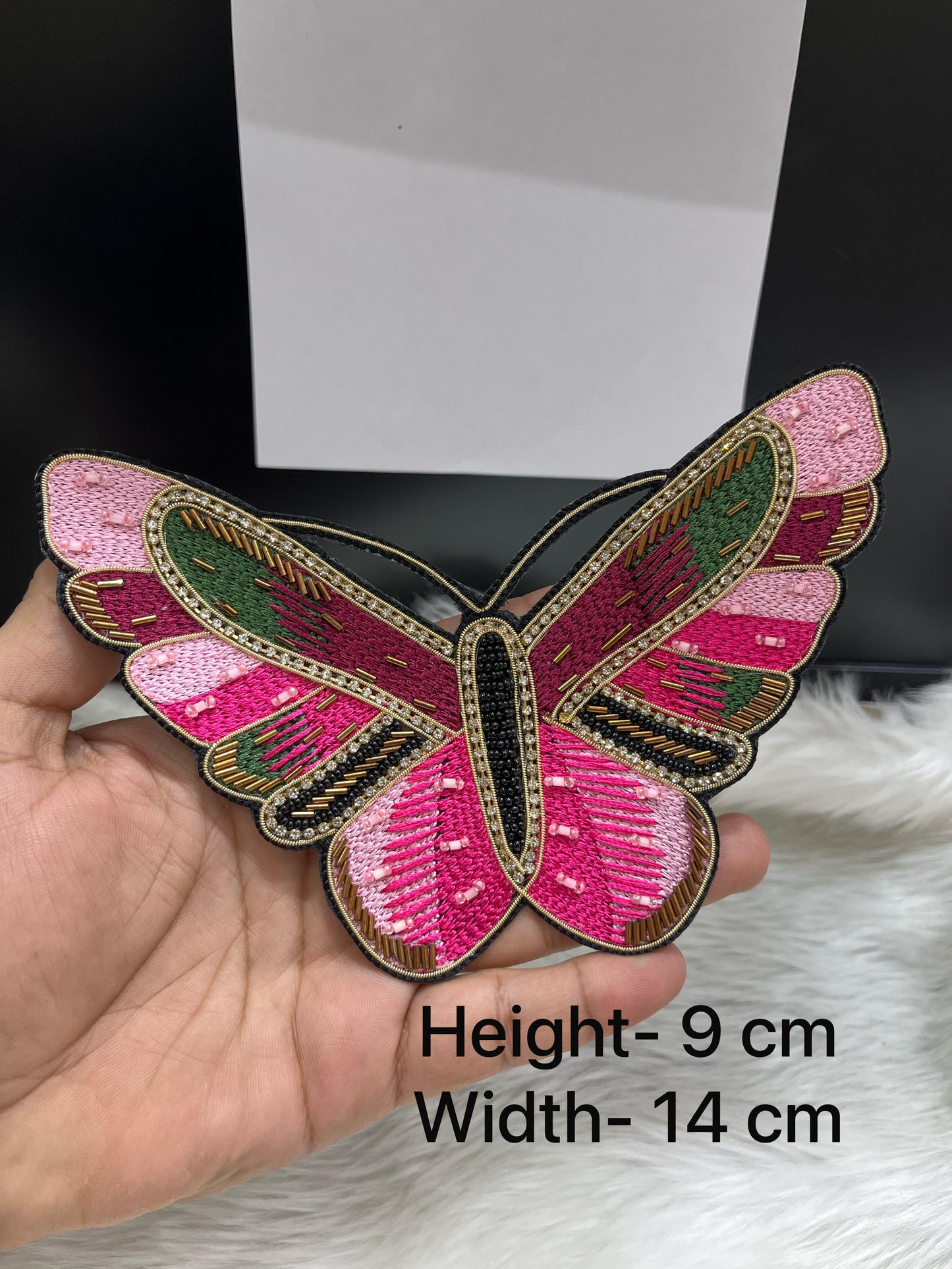 Handcrafted Multi Colour Butterfly Patch – Pink & Gold Embroidered Applique for Elegant Fabric Design
