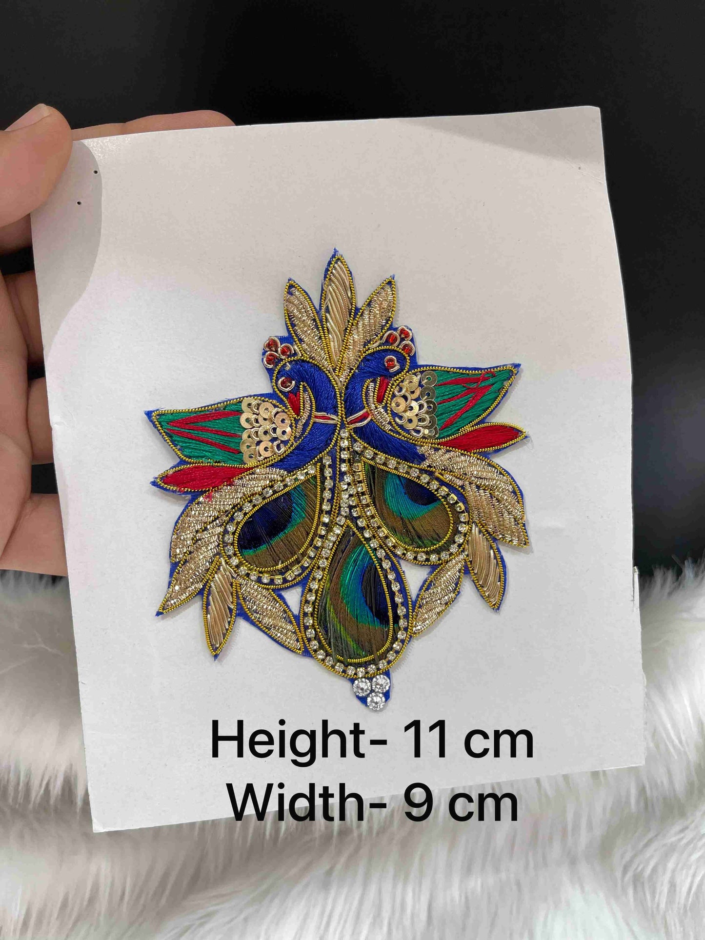 Multicoloured Handcrafted Peacock Design Patch – Real Feather Applique with Embroidery & Stone Work