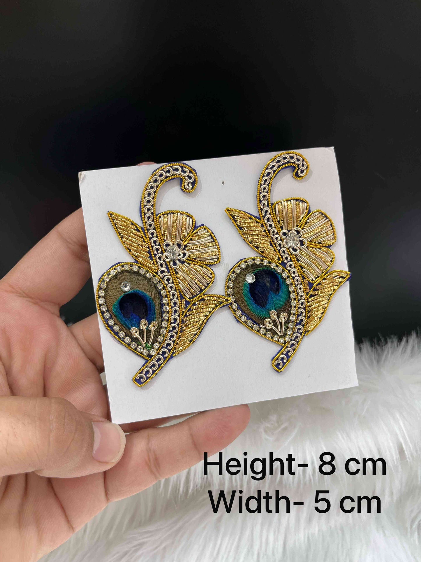 Multicoloured Zardosi Work Handcrafted Patch (2 pcs) – Embroidered Peacock Feather Appliques with Stones