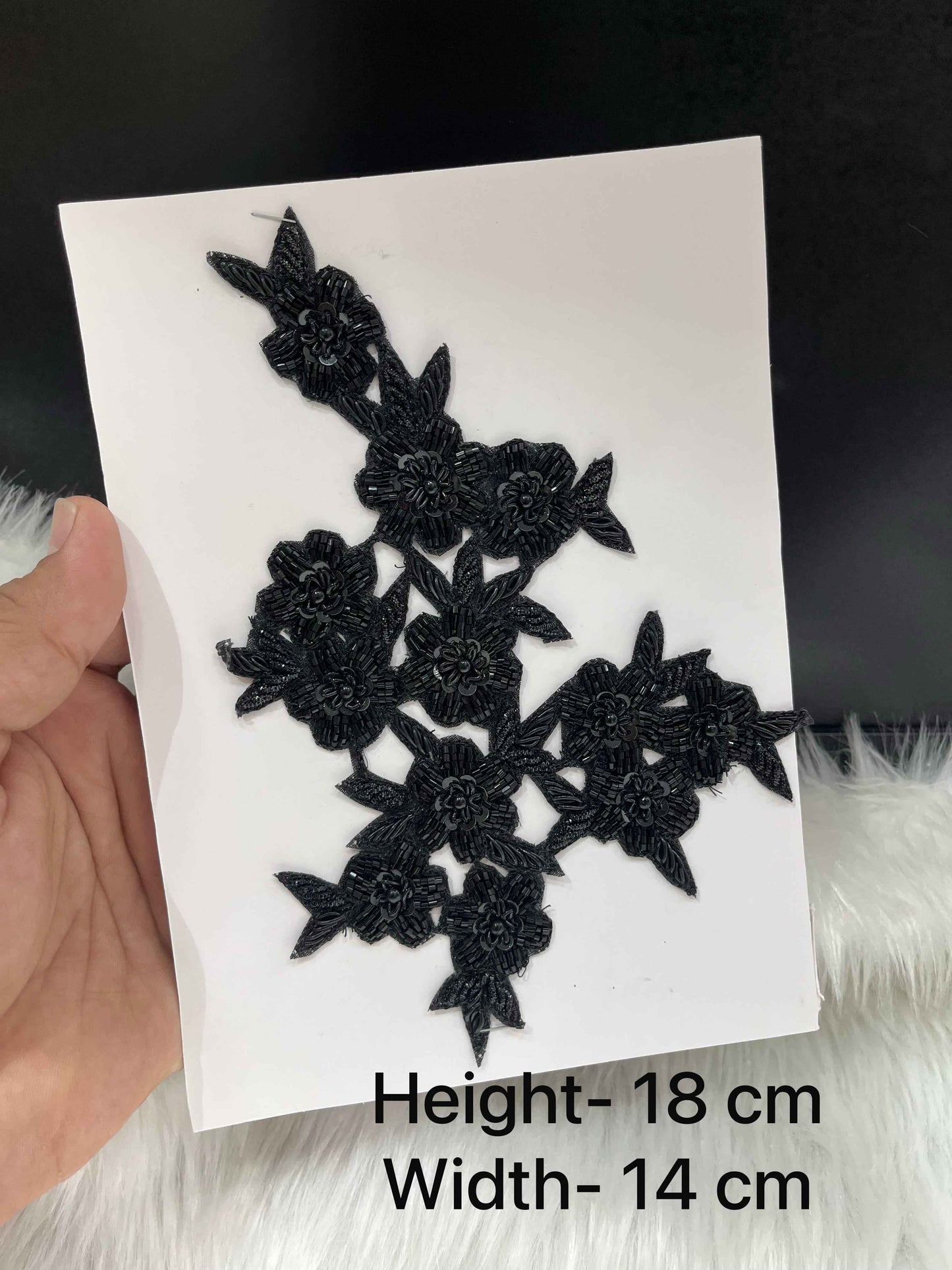 Handmade Black Floral Beaded Cutwork Patch for Sarees, Dresses, Blouses & DIY Projects – Elegant Embroidery Applique for Craft & Fashion Use