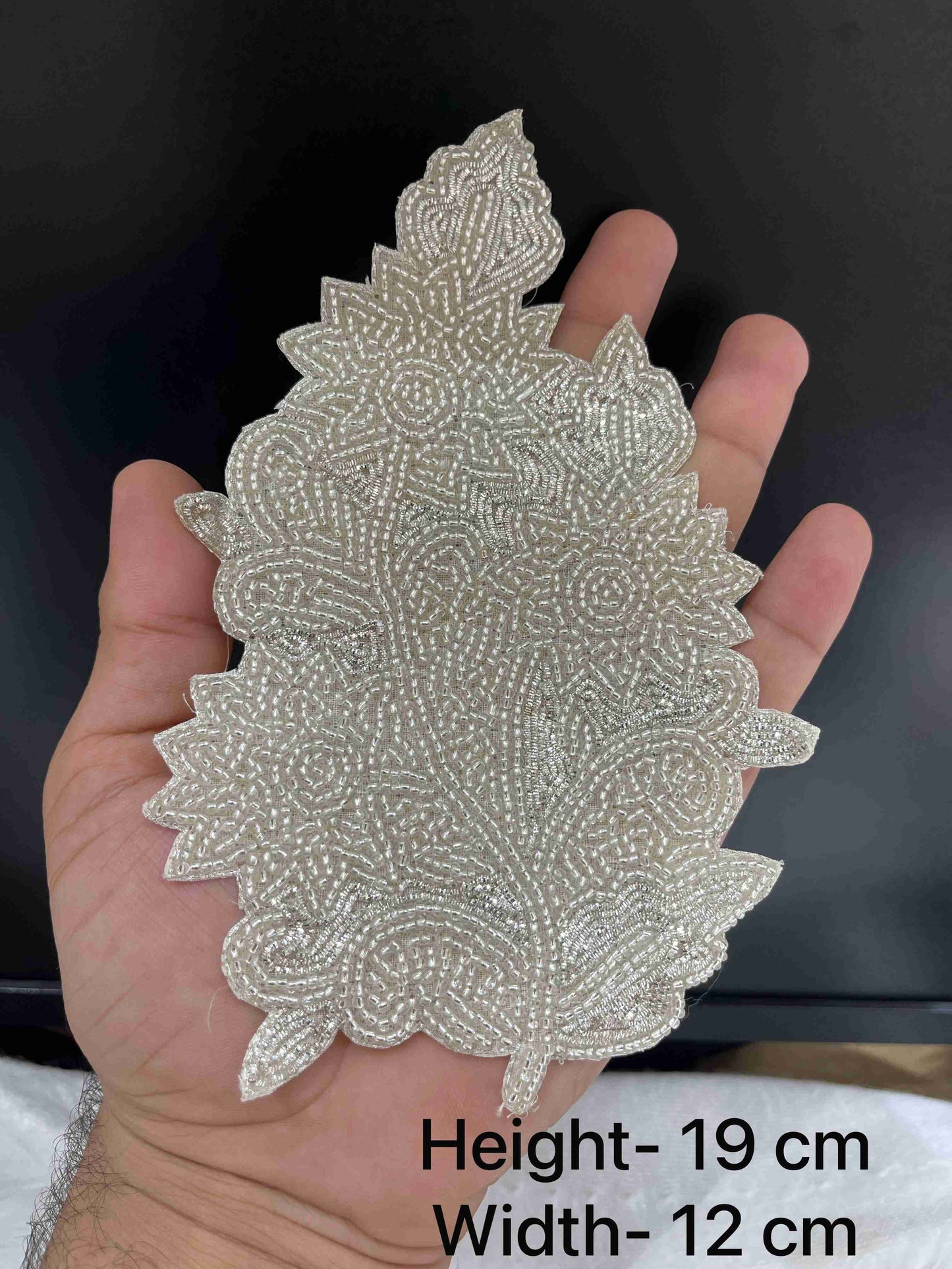 Handmade Silver Beaded Embroidery Floral Patch for Lehenga, Saree, Blouse, Ethnic & Bridal Wear – Designer Applique