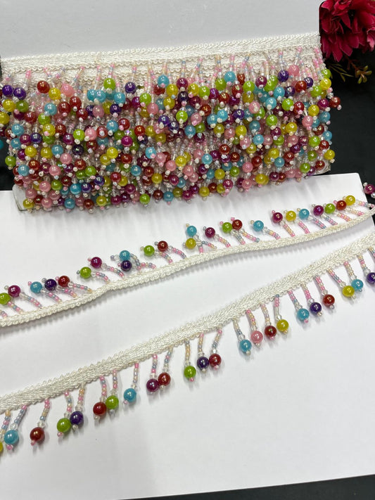 Multicoloured Crystal Bead Hanging Lace – Decorative Latkan Lace for Sarees, Dupattas, and Dresses (9 mtr, 1.5 inch)