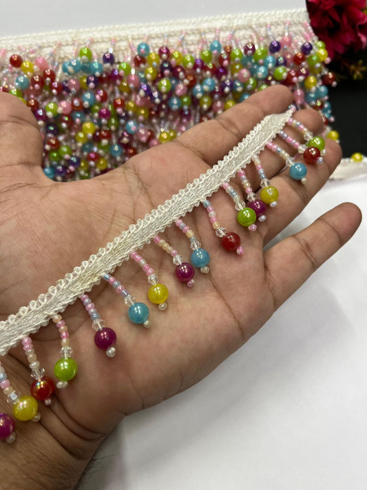 Multicoloured Crystal Bead Hanging Lace – Decorative Latkan Lace for Sarees, Dupattas, and Dresses (9 mtr, 1.5 inch)