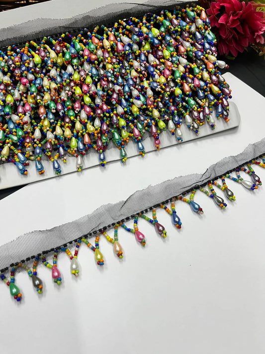 Multicoloured Beads Hanging Lace on Net Fabric – Decorative Latkan Lace for Sarees, Dupattas, and Dresses (9 mtr, 1 inch)