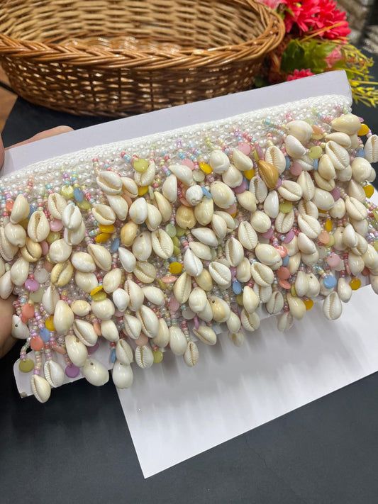 Pastel Colours Bead with Shell Lace – Decorative Latkan Lace for Sarees, Dupattas, and Dresses (9 mtr, 2 inch)