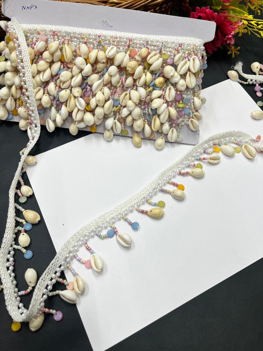 Pastel Colours Bead with Shell Lace – Decorative Latkan Lace for Sarees, Dupattas, and Dresses (9 mtr, 2 inch)
