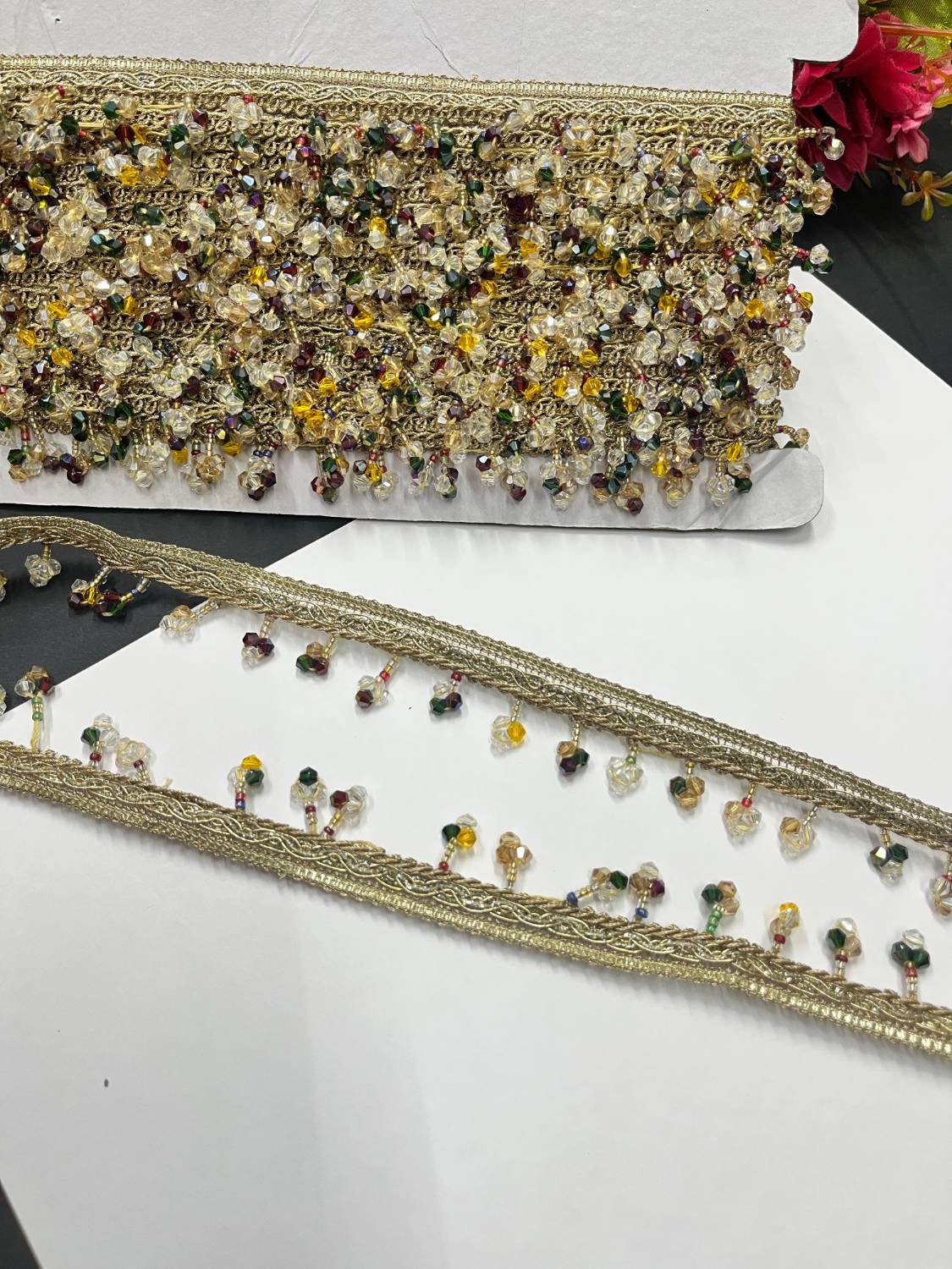 Multicoloured Crystal Hanging Lace – Decorative Latkan Lace for Sarees, Dupattas, and Dresses (9 mtr, 1 inch)