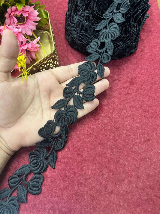 Black Flower Imported Lace – Decorative Lace for Sarees, Dupattas, and Dresses (9 mtr, 2 inch)