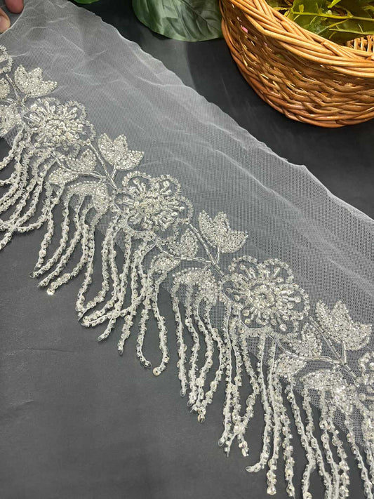 Silver Handmade Tassel Fringe Lace Trim – Imported Decorative Lace for Sarees, Dupattas, and Dresses (9 mtr, 6 inch)