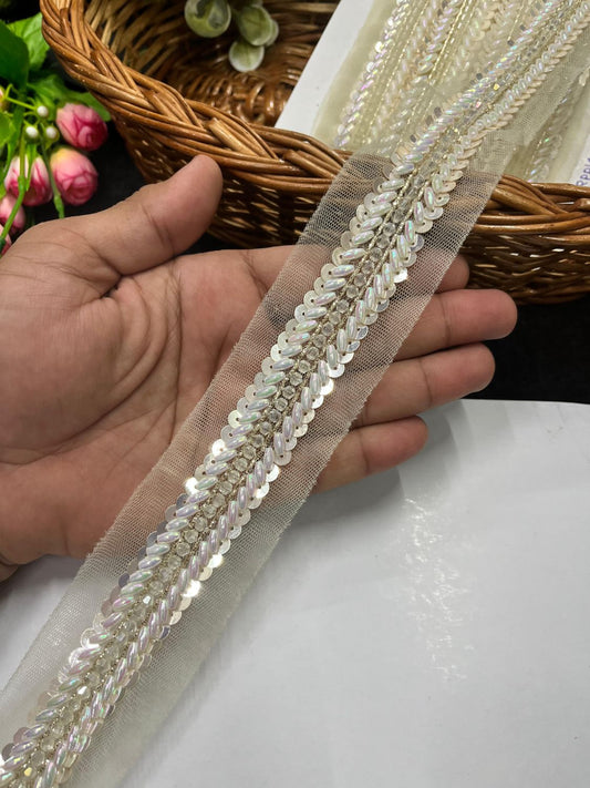 Handcrafted Beaded Lace on Net Fabric – Elegant Cream Designer Border Trim for Sarees, Lehengas & Dupattas (9 Meter, 1 Inch Width)