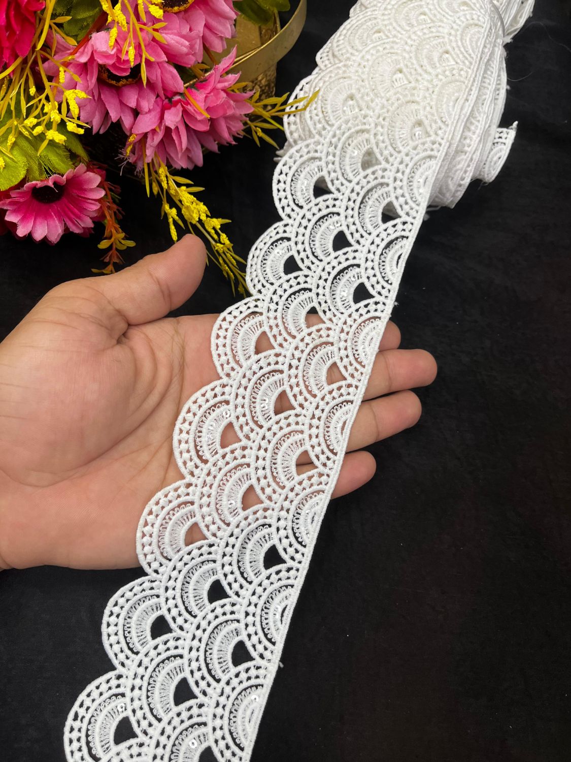 White Cotton Guipure Lace Trim – Elegant Imported Border for Sarees, Gowns & Dupattas (9 Meter, 3 Inch Width)