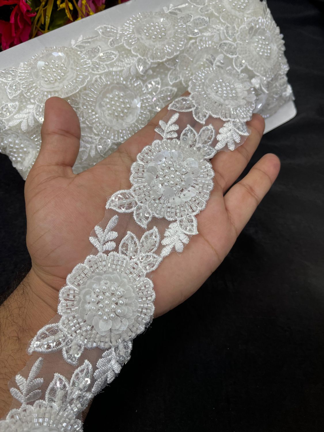 White Flower Bead Work Imported Lace – Elegant Designer Border Trim for Sarees, Gowns & Dupattas (9 Meter, 2 Inch Width)
