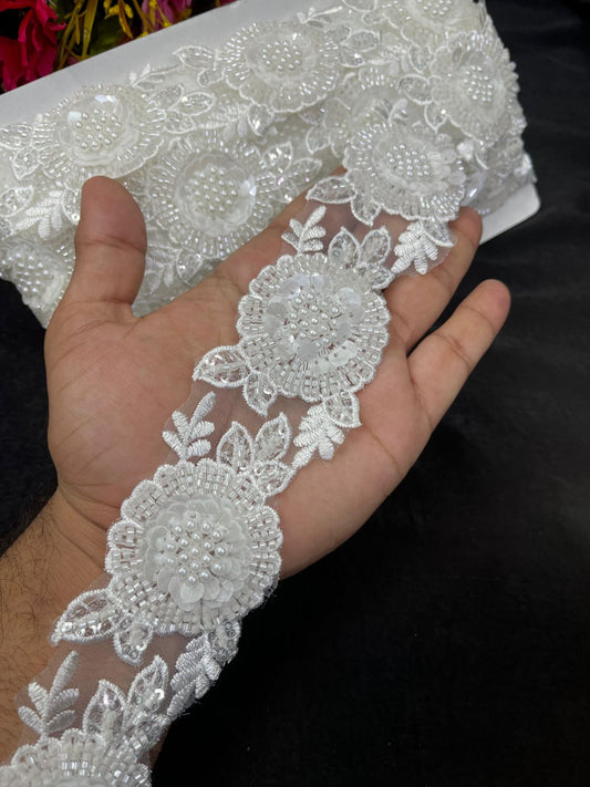 White Flower Bead Work Imported Lace – Elegant Designer Border Trim for Sarees, Gowns & Dupattas (9 Meter, 2 Inch Width)