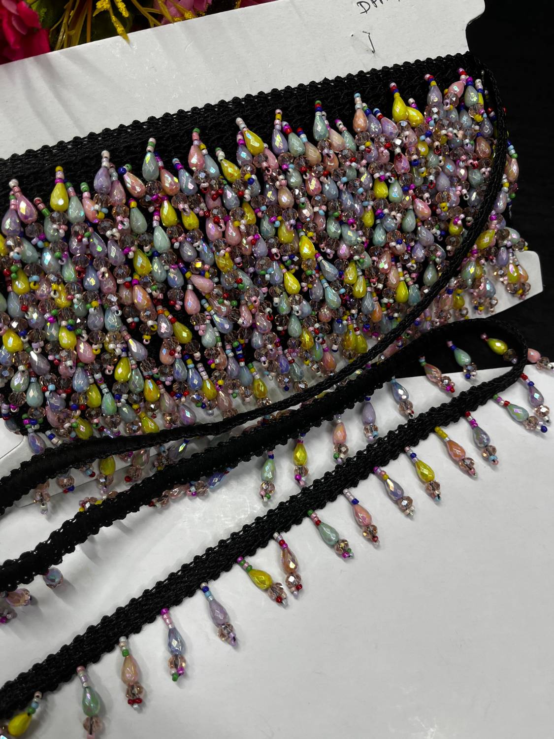 Multicoloured Crystal Hanging Lace | Tassel Trim – Elegant Latkan Border for Sarees, Dupattas & Lehengas (9 Meter, 1.5 Inch Width)