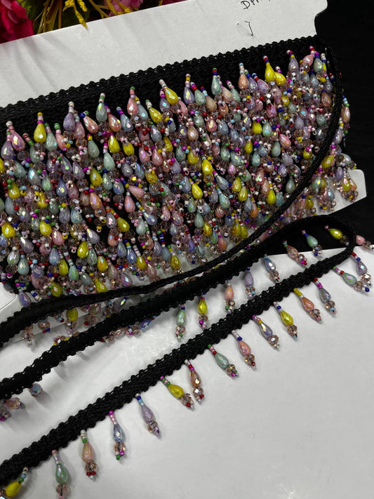 Multicoloured Crystal Hanging Lace | Tassel Trim – Elegant Latkan Border for Sarees, Dupattas & Lehengas (9 Meter, 1.5 Inch Width)