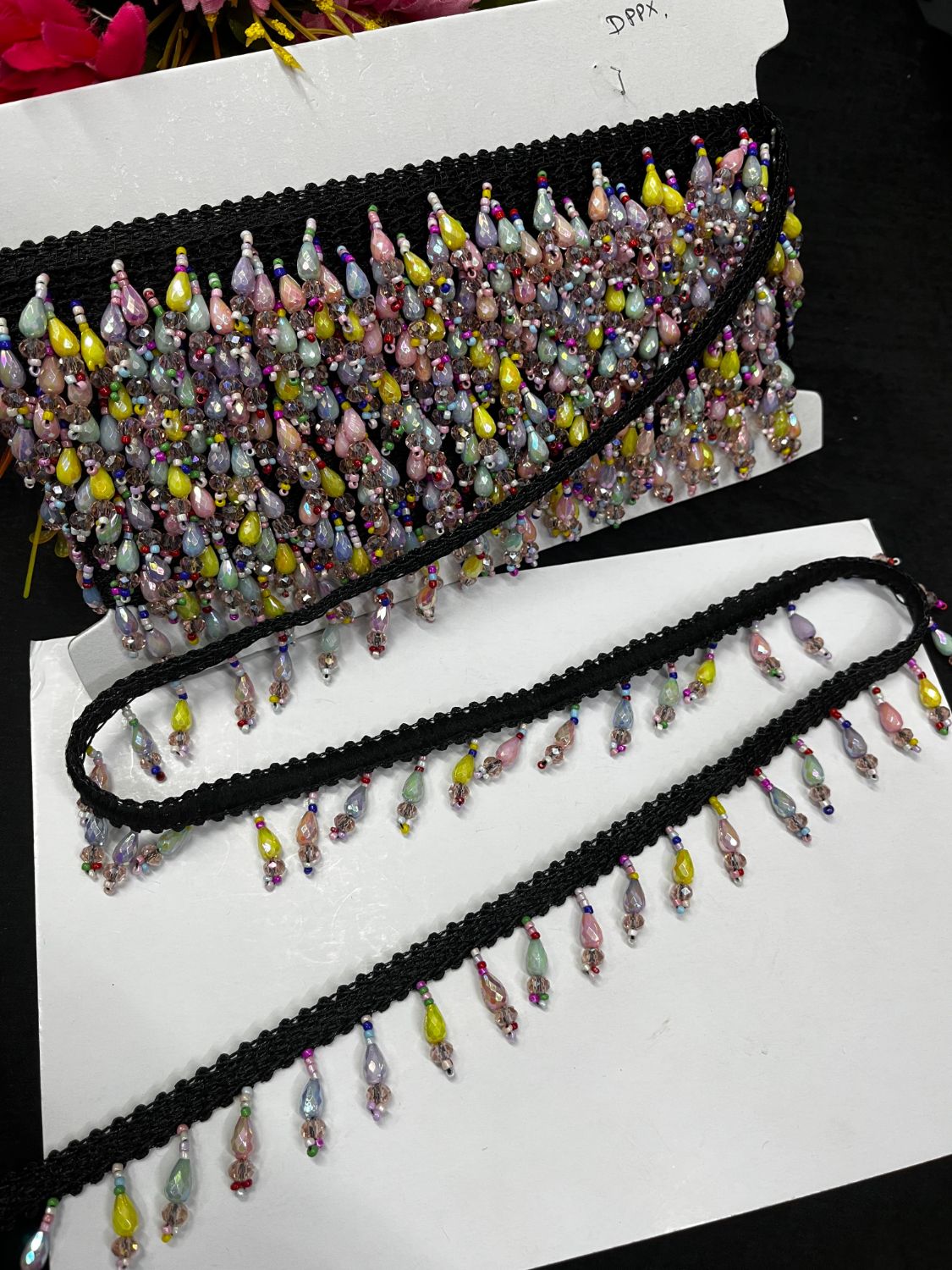 Multicoloured Crystal Hanging Lace | Tassel Trim – Elegant Latkan Border for Sarees, Dupattas & Lehengas (9 Meter, 1.5 Inch Width)