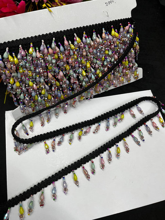 Multicoloured Crystal Hanging Lace | Tassel Trim – Elegant Latkan Border for Sarees, Dupattas & Lehengas (9 Meter, 1.5 Inch Width)