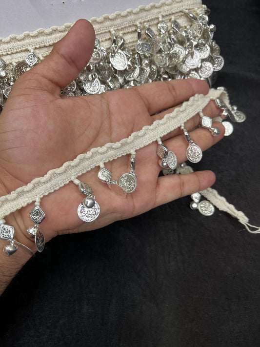 Silver Coin Lace Trim – Stylish Latkan Border for Sarees, Dupattas & Festive Outfits (9 Meter, 2 Inch Width)