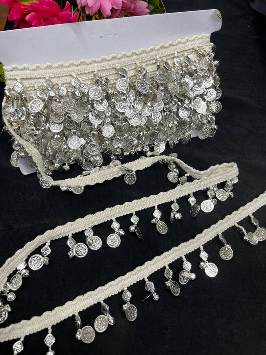Silver Coin Lace Trim – Stylish Latkan Border for Sarees, Dupattas & Festive Outfits (9 Meter, 2 Inch Width)