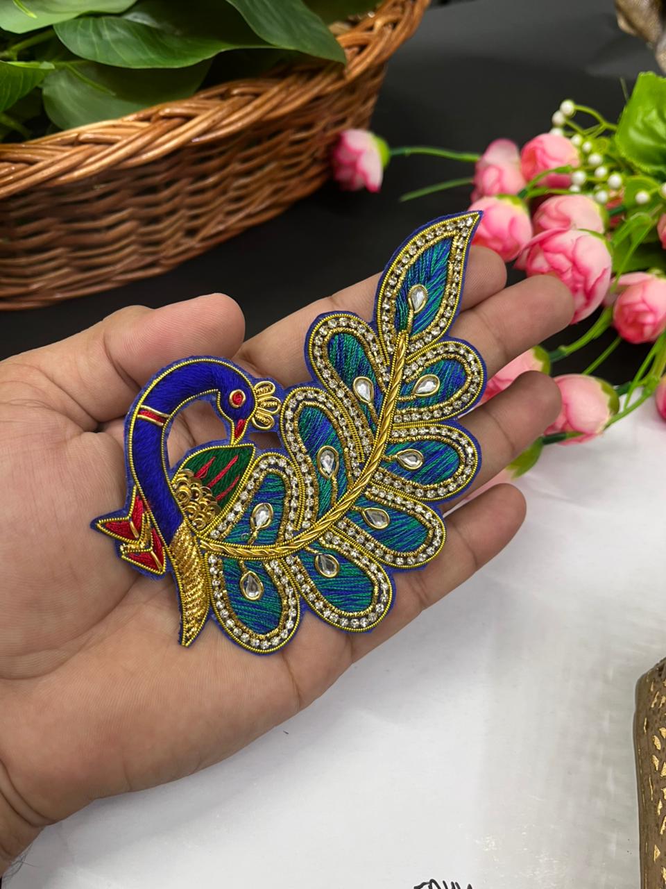 Handmade Zardosi Peacock Applique | Decorative Peacock Patch for Sarees, Lehengas & Bridal Couture