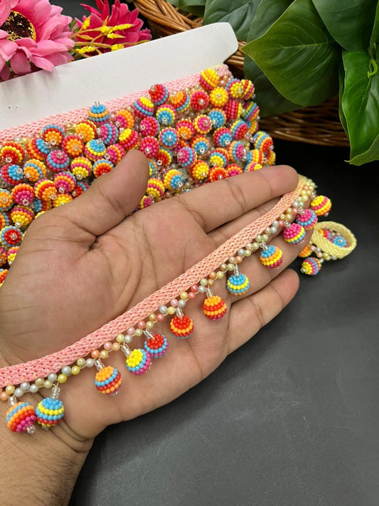 Multicoloured Hanging Ball Lace – Vibrant Latkan Lace Border for Sarees, Dupattas, Lehengas & Craft Projects (9 Meter, 1 Inch Width)