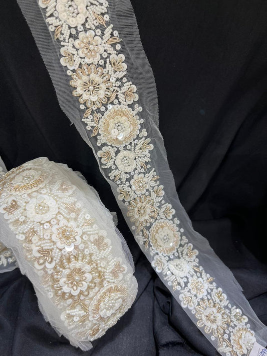 Handcrafted Pearl Lace Trim – Elegant Bridal & Couture Embellishment for Sarees, Dupattas, Gowns & Lehengas (9 Meter, 2 Inch Width)