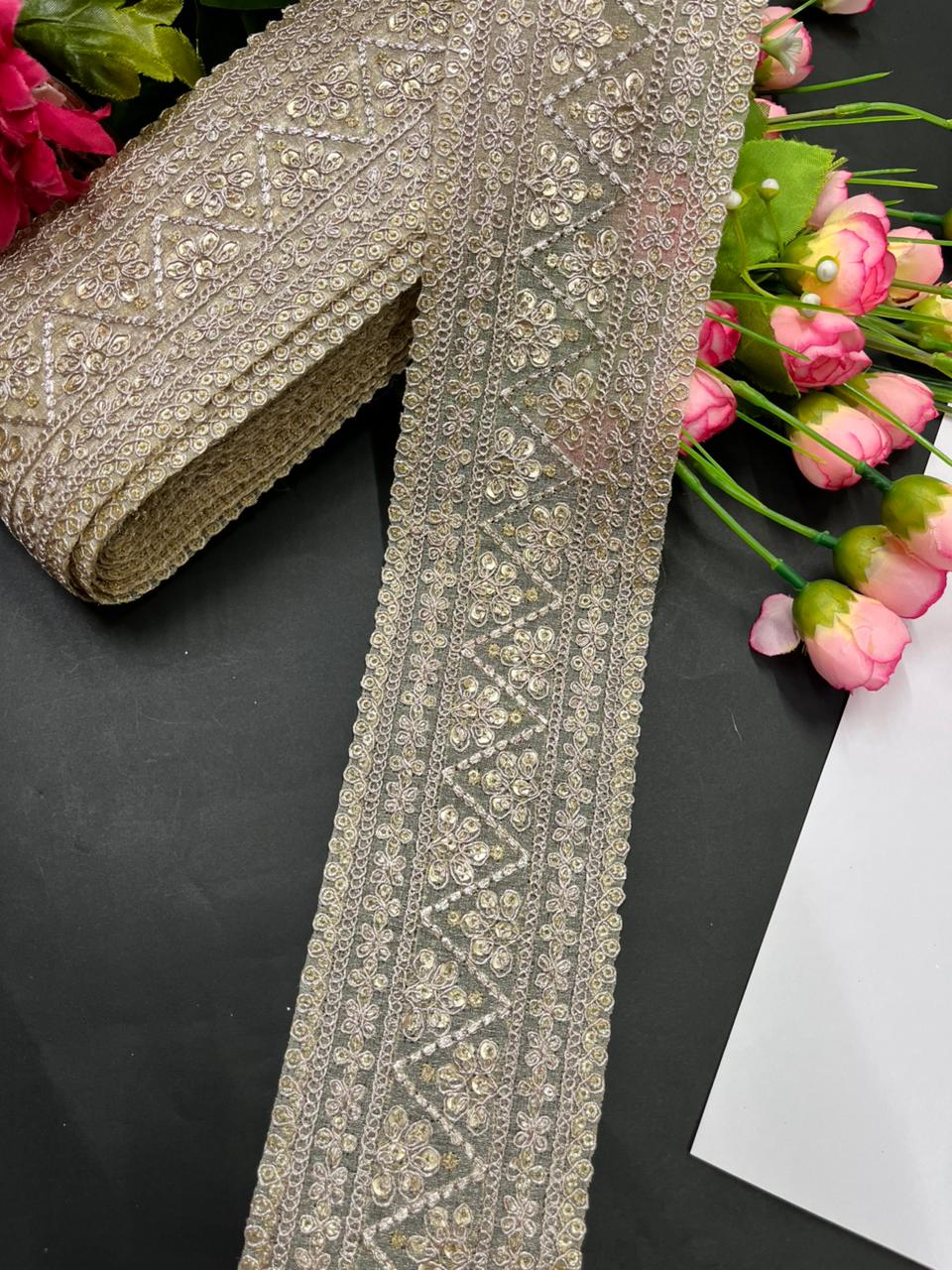 Rose Gold Embroidered Zari Lace Border – Luxury 3 Inch Designer Lace for Sarees, Lehengas, Dupattas & Bridal Wear (9 Meter)